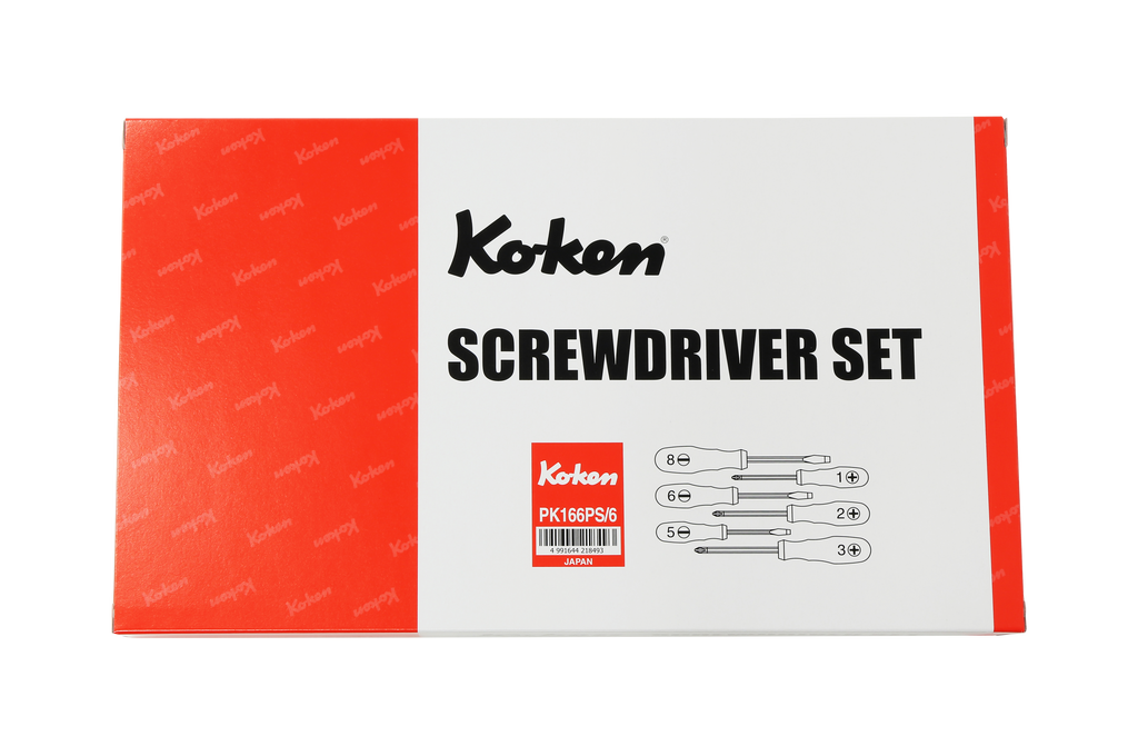 Ko-ken Tools Phillips and Flat Head Blade Through Type Screwdriver Set, PH1-2-3/SL5-6-8 in ABS Plastic Tray - 6 pieces